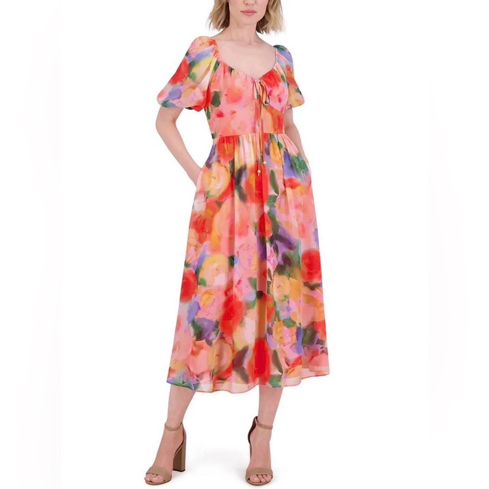 VINCE CAMUTO Chiffon Floral Print V-Neck Short Sleeve A-Line Midi Dress